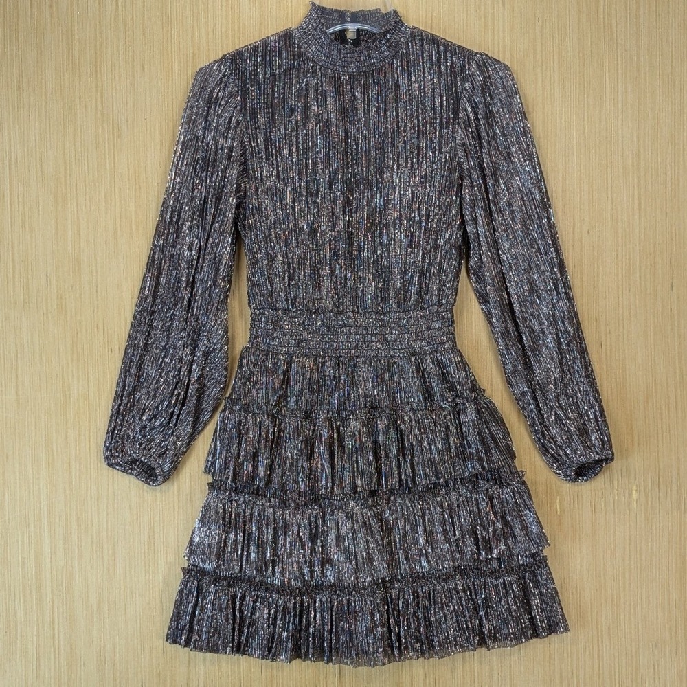 1.STATE Womens Glam Party Metallic Mini Dress XS Silver Bronze Smocked Tiered